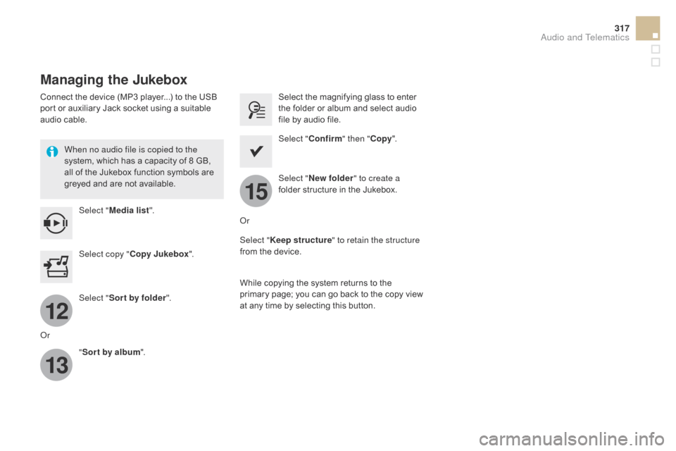 Citroen DS5 HYBRID4 2015 1.G Owners Manual 12
13
15
317
DS5_en_Chap11c_SMEGplus_ed01-2015
Managing the Jukebox
Connect the device (MP3 player...) to the USB 
port or auxiliary Jack socket using a suitable 
audio cable.When no audio file is cop