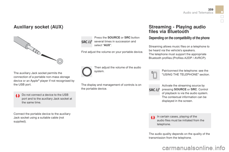 Citroen DS5 HYBRID4 2015 1.G Owners Manual 359
DS5_en_Chap11d_RD5_ed01-2015
Press the SOURcE o r SR c b utton
several times in succession and
select " AUX".
First adjust the volume on your portable device.
Then adjust the volume of the audio Citroen DS5 HYBRID4 2015 1.G Owners Manual 359
DS5_en_Chap11d_RD5_ed01-2015
Press the SOURcE o r SR c b utton
several times in succession and
select " AUX".
First adjust the volume on your portable device.
Then adjust the volume of the audio