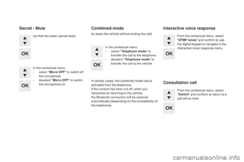 Citroen DS5 HYBRID4 2015 1.G Service Manual DS5_en_Chap11d_RD5_ed01-2015
(so that the caller cannot hear)
In the contextual menu:
- 
s
 elect " Micro OFF " to switch off 
the microphone.
-
 
d
 eselect " Micro OFF " to switch 
the microphone on