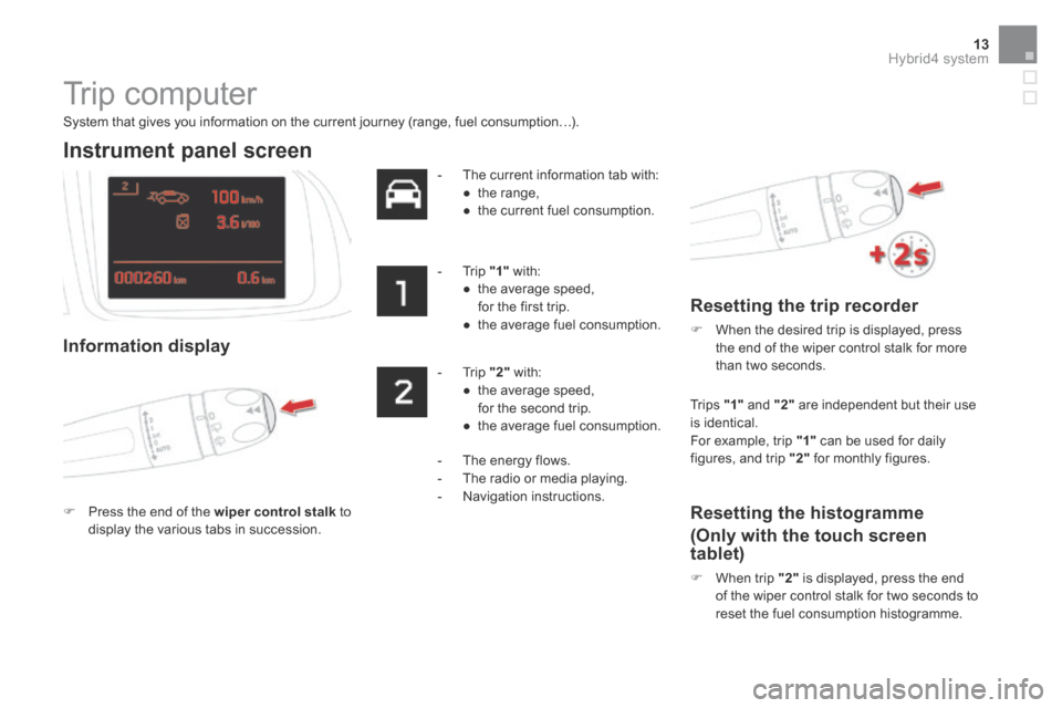 Citroen DS5 HYBRID4 2015 1.G Owners Manual 13Hybrid4 system
DS5Hy4_en_Chap00c_hybride_ed01-2015
Trip computer
System that gives you information on the current journey (range, fuel consumption…).
Instrument panel screen
Informati Citroen DS5 HYBRID4 2015 1.G Owners Manual 13Hybrid4 system
DS5Hy4_en_Chap00c_hybride_ed01-2015
Trip computer
System that gives you information on the current journey (range, fuel consumption…).
Instrument panel screen
Informati