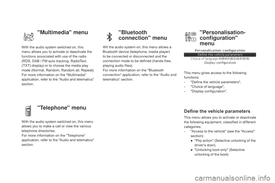 Citroen DS5 HYBRID4 2015 1.G Owners Manual DS5_en_Chap01_controle-de-marche_ed01-2015
With the audio system switched on, this 
menu allows you to activate or deactivate the 
functions associated with use of the radio 
(RDS, DAB  /   FM auto tr