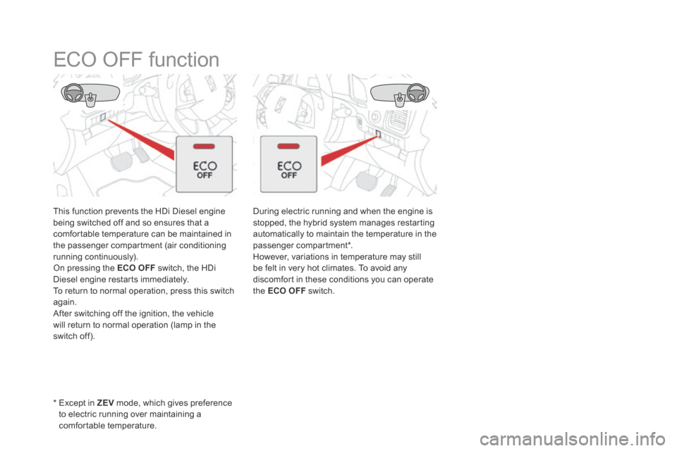 Citroen DS5 HYBRID4 2015 1.G Owners Manual DS5Hy4_en_Chap00c_hybride_ed01-2015
ECO OFF function
This function prevents the HDi Diesel engine being switched off and so ensures that a comfortable temperature can be maint Citroen DS5 HYBRID4 2015 1.G Owners Manual DS5Hy4_en_Chap00c_hybride_ed01-2015
ECO OFF function
This function prevents the HDi Diesel engine being switched off and so ensures that a comfortable temperature can be maint