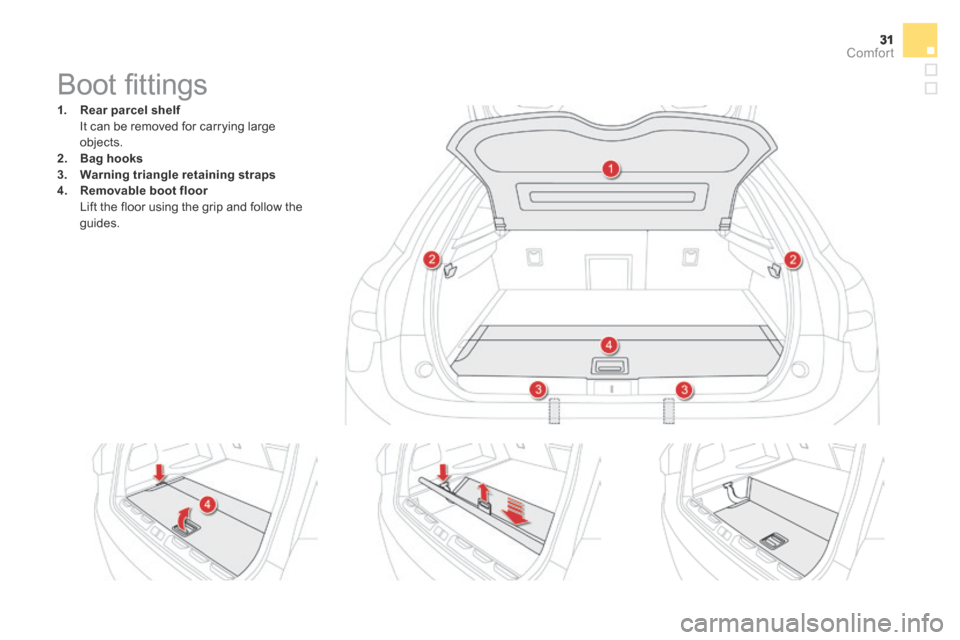 Citroen DS5 HYBRID4 2015 1.G Owners Manual 31Comfort
DS5Hy4_en_Chap03_confort_ed01-2015
Boot fi ttings
1. Rear parcel shelf Rear parcel shelf Rear parcel shelf It can be removed for carrying large objects. Citroen DS5 HYBRID4 2015 1.G Owners Manual 31Comfort
DS5Hy4_en_Chap03_confort_ed01-2015
Boot fi ttings
1. Rear parcel shelf Rear parcel shelf Rear parcel shelf It can be removed for carrying large objects.