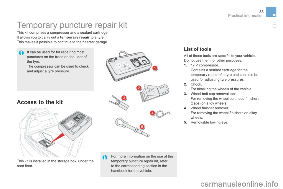 Citroen DS5 HYBRID4 2015 1.G Workshop Manual 33Practical information
DS5Hy4_en_Chap08_info-pratiques_ed01-2015
           Temporary puncture repair kit 
  This kit comprises a compressor and a sealant cartridge.  It allows you to carry out a  te