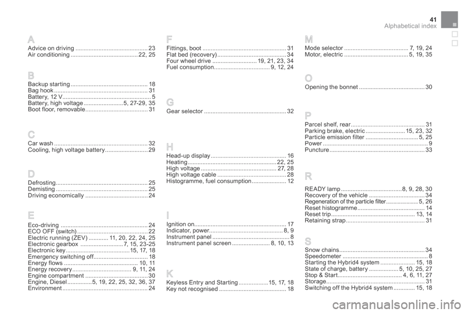 Citroen DS5 HYBRID4 2015 1.G Owners Manual 41Alphabetical index
DS5Hy4_en_Chap12_index-recherche_ed01-2015
Advice on driving ............................................23Air conditioning .........................................22, 25
Backup 