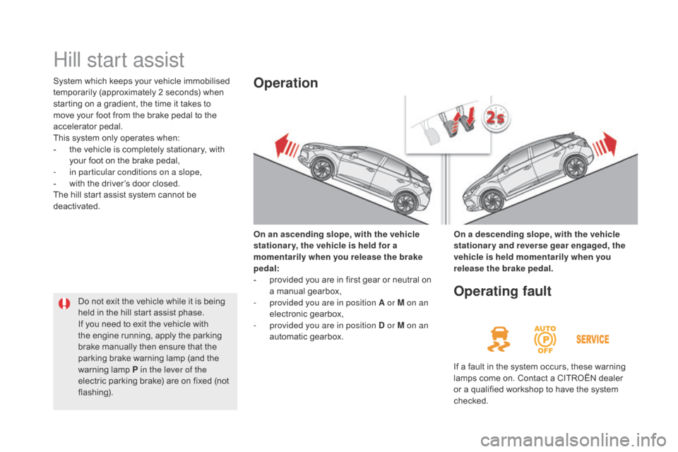 Citroen DS5 2015 1.G User Guide DS5_en_Chap04_conduite_ed01-2015
Hill start assist
System which keeps your vehicle immobilised 
temporarily (approximately 2 seconds) when 
starting on a gradient, the time it takes to 
move your foot