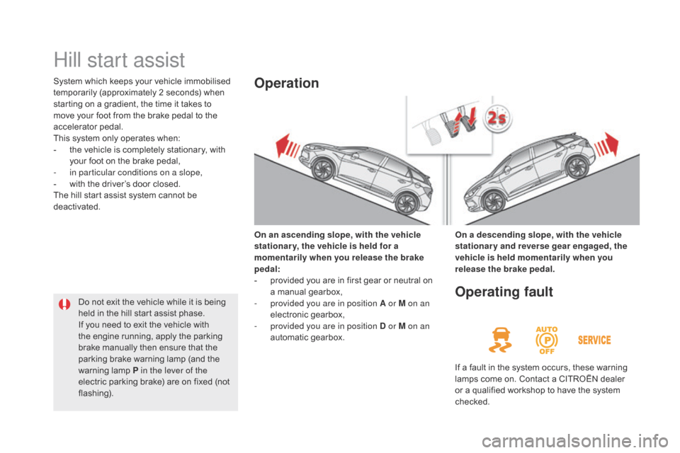 Citroen DS5 2015 1.G Owners Guide DS5_en_Chap04_conduite_ed01-2015
Hill start assist
System which keeps your vehicle immobilised
temporarily (approximately 2 seconds) when
starting on a gradient, the time it takes to
move your foot Citroen DS5 2015 1.G Owners Guide DS5_en_Chap04_conduite_ed01-2015
Hill start assist
System which keeps your vehicle immobilised
temporarily (approximately 2 seconds) when
starting on a gradient, the time it takes to
move your foot