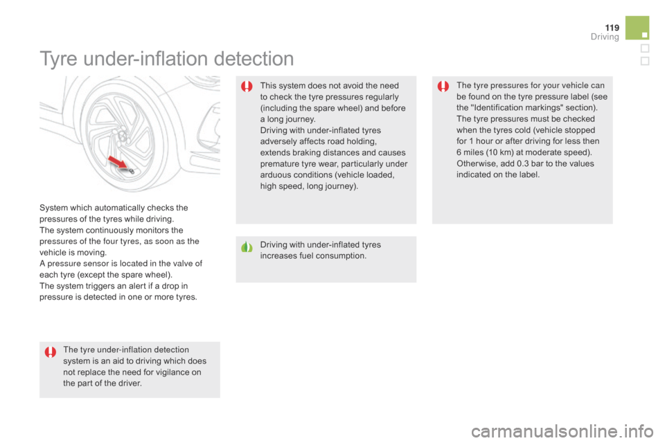 Citroen DS5 2015 1.G Owners Manual 11 9
DS5_en_Chap04_conduite_ed01-2015
Tyre under-inflation detection
System which automatically checks the 
pressures of the tyres while driving.
The system continuously monitors the 
pressures of the