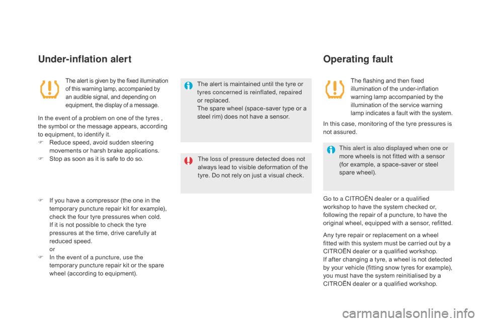 Citroen DS5 2015 1.G Owners Manual DS5_en_Chap04_conduite_ed01-2015
Under-inflation alert
The alert is given by the fixed illumination 
of this warning lamp, accompanied by 
an audible signal, and depending on 
equipment, the display o