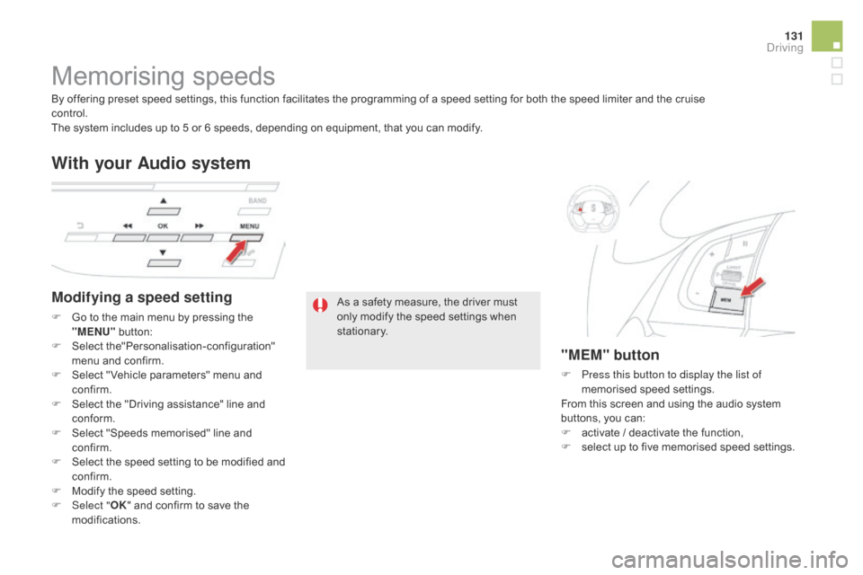 Citroen DS5 2015 1.G Owners Manual 131
DS5_en_Chap04_conduite_ed01-2015
Memorising speeds
Modifying a speed setting
F Go to the main menu by pressing the "MENU"  button:
F
 
Sel
 ect the"Personalisation-configuration" 
menu and confirm