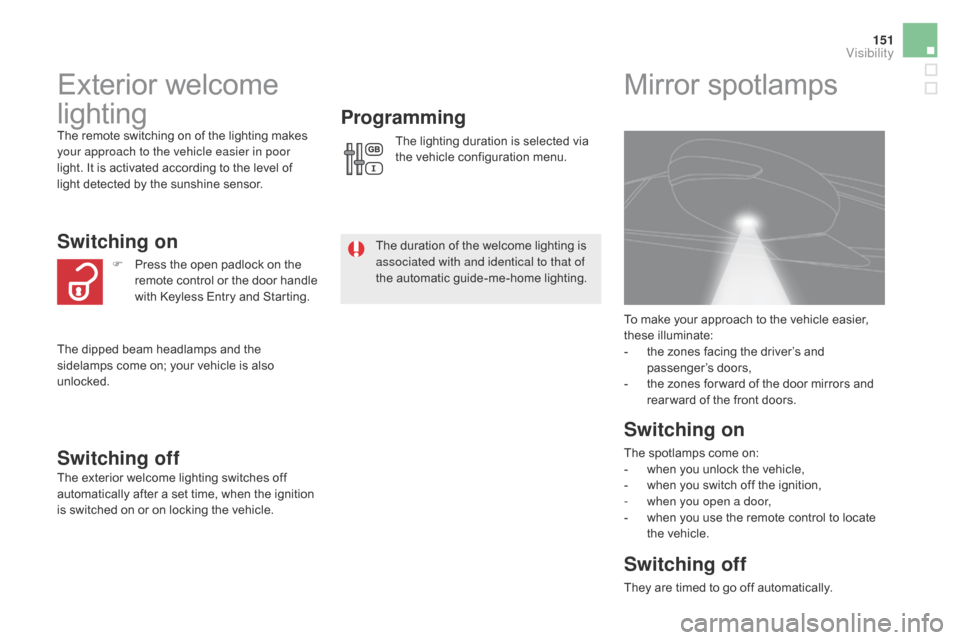 Citroen DS5 2015 1.G User Guide 151
DS5_en_Chap05_visibilite_ed01-2015
Exterior welcome
lighting
The remote switching on of the lighting makes
your approach to the vehicle easier in poor
light. It is activated according to the le Citroen DS5 2015 1.G User Guide 151
DS5_en_Chap05_visibilite_ed01-2015
Exterior welcome
lighting
The remote switching on of the lighting makes
your approach to the vehicle easier in poor
light. It is activated according to the le