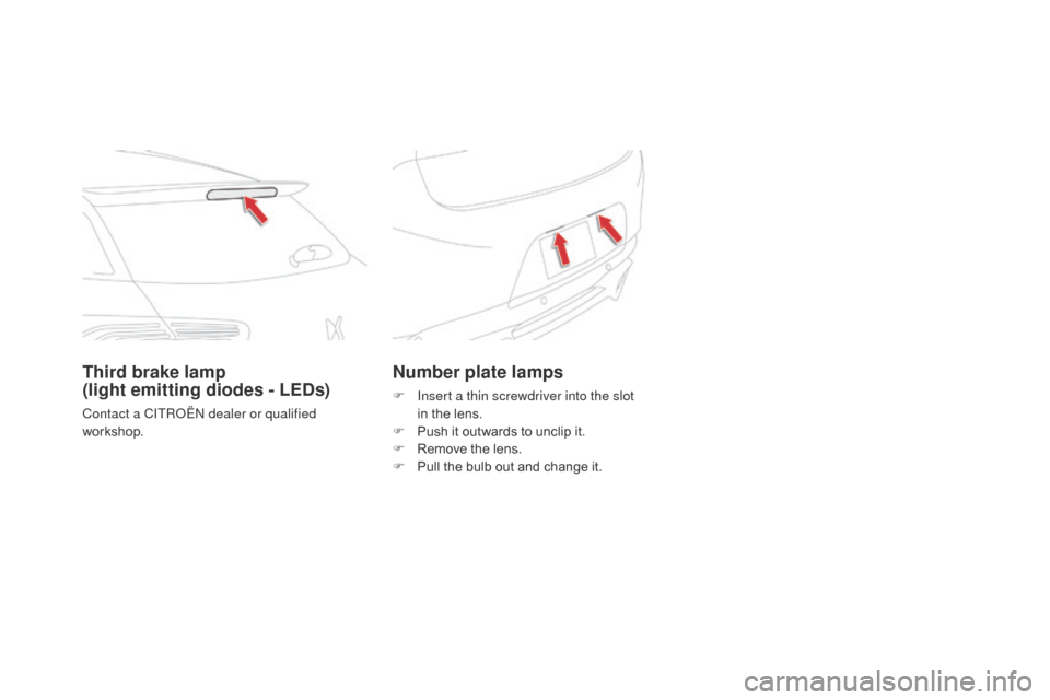 Citroen DS5 2015 1.G Owners Manual DS5_en_Chap08_info-pratiques_ed01-2015
Number plate lamps
F Insert a thin screwdriver into the slot  in the lens.
F
 
P
 ush it outwards to unclip it.
F
 
R
 emove the lens.
F
 
P
 ull the bulb out an