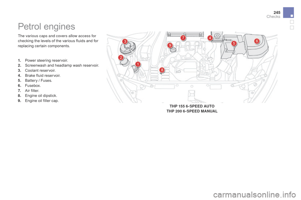 Citroen DS5 2015 1.G Owners Manual 245
DS5_en_Chap09_verifications_ed01-2015
The various caps and covers allow access for 
checking the levels of the various fluids and for 
replacing certain components.
Petrol engines
1. Power steerin