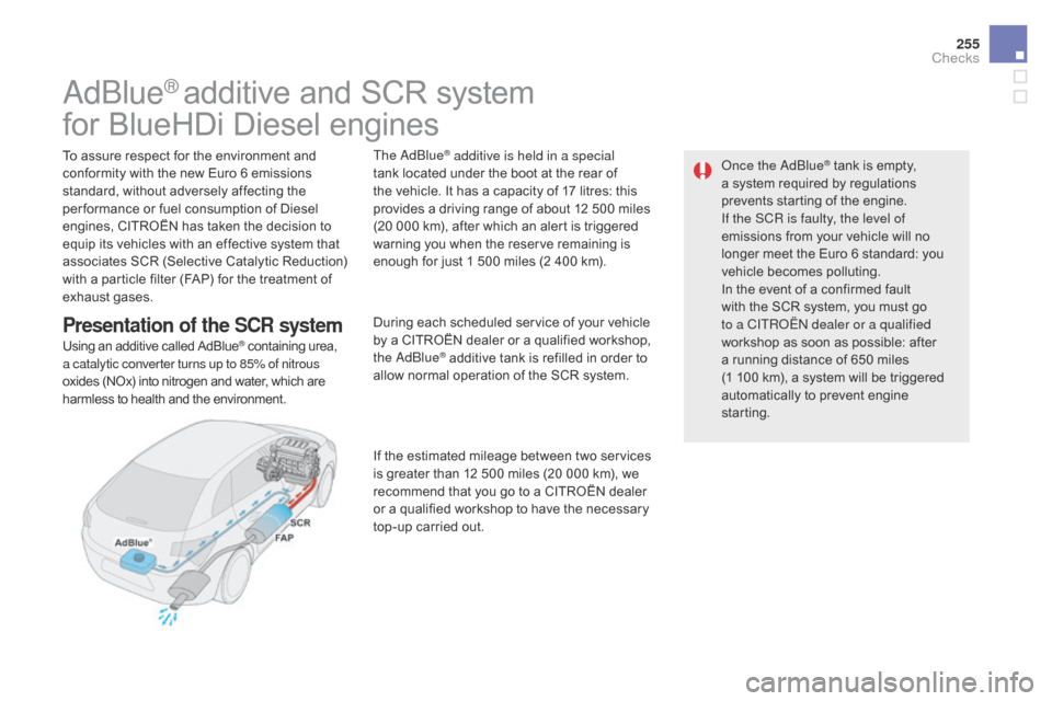 Citroen DS5 2015 1.G Owners Guide 255
DS5_en_Chap09_verifications_ed01-2015
AdBlue® additive and SCR system
for BlueHDi Diesel engines
To assure respect for the environment and 
conformity with the new Euro 6 emissions 
standard, wit