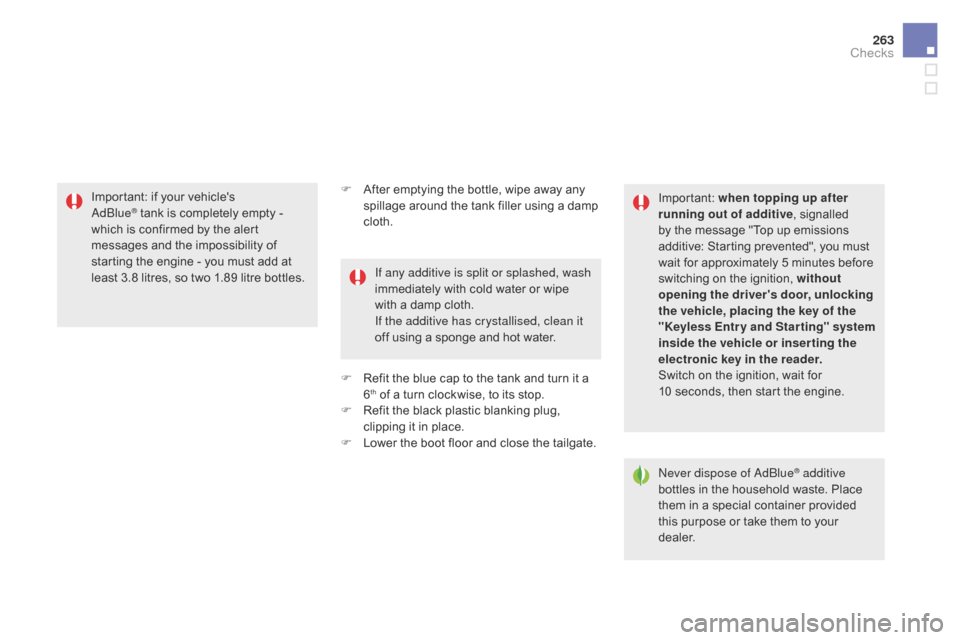 Citroen DS5 2015 1.G Owners Guide 263
DS5_en_Chap09_verifications_ed01-2015
F After emptying the bottle, wipe away any spillage around the tank filler using a damp 
cloth.
F
 
R
 efit the blue cap to the tank and turn it a 
6
th of a 