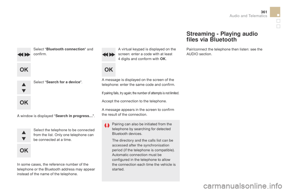 Citroen DS5 2015 1.G Owners Manual 361
DS5_en_Chap11d_RD5_ed01-2015
Pairing can also be initiated from the 
telephone by searching for detected 
Bluetooth devices.
The directory and the calls list can be 
accessed after the synchronisa