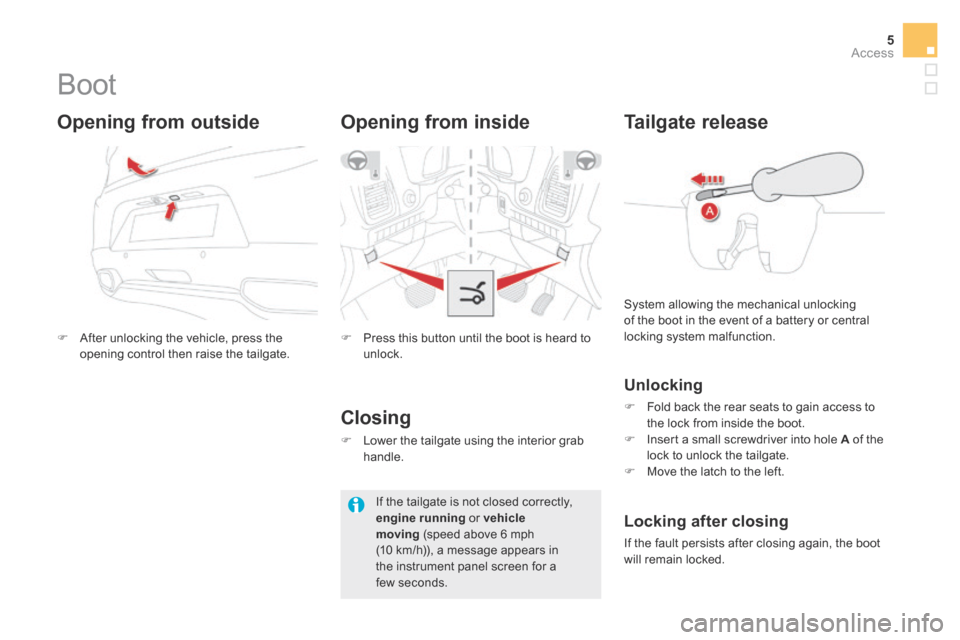 Citroen DS5 2015 1.G Owners Manual 5Access
DS5_ Additif_en_Chap02_ouvertures_ed03-2015
         Boot 
   After unlocking the vehicle, press the opening control then raise the tailgate.   
  Opening  from  outside 
   Press this b