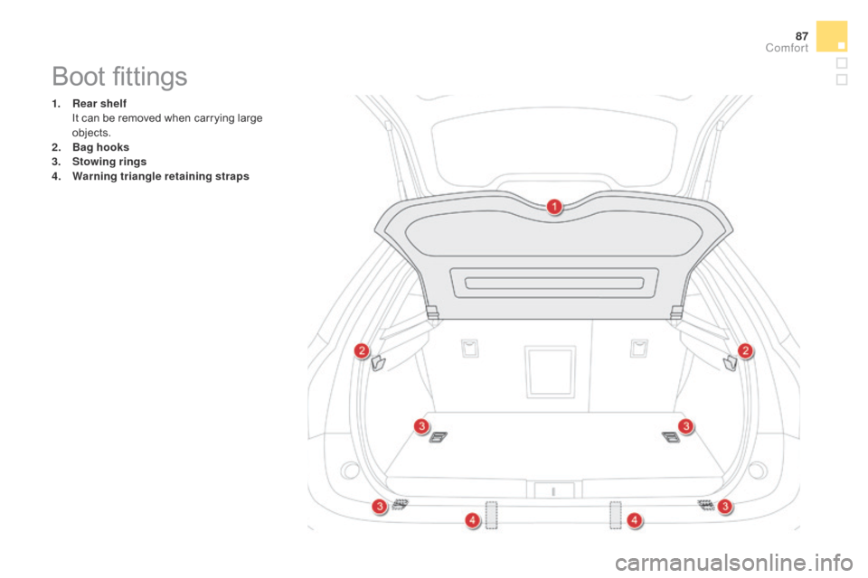 Citroen DS5 2015 1.G Manual Online 87
DS5_en_Chap03_confort_ed01-2015
Boot fittings
1. Rear shelf I
t can be removed when carrying large
objects.
2.
Bag
hooks
3.
S
towing rings
4.
W
arning triangle retaining straps
comfort Citroen DS5 2015 1.G Manual Online 87
DS5_en_Chap03_confort_ed01-2015
Boot fittings
1. Rear shelf I
t can be removed when carrying large
objects.
2.
Bag
hooks
3.
S
towing rings
4.
W
arning triangle retaining straps
comfort