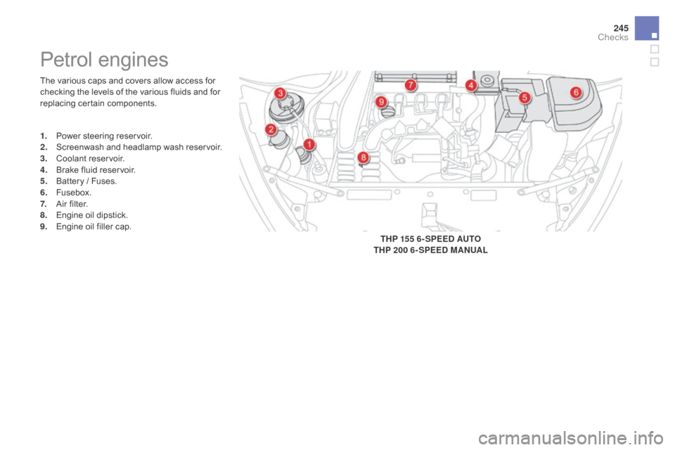 Citroen DS5 RHD 2015 1.G Owners Manual 245
The various caps and covers allow access for 
checking the levels of the various fluids and for 
replacing certain components.
Petrol engines
1. Power steering reservoir.
2. Screenwash and headlam