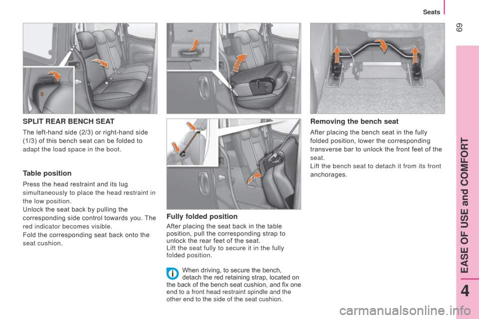 Citroen NEMO 2015 1.G Owners Manual  69
SPLIT REAR BENCH SEAT
The left-hand side (2/3) or right-hand side 
(1/3) of this bench seat can be folded to 
adapt the load space in the boot.
Table position
Press the head restraint and its lug 