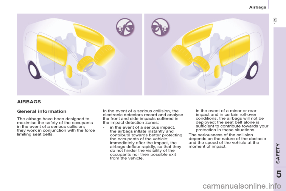 Citroen BERLINGO MULTISPACE 2016 2.G User Guide  129
Berlingo-2-VP_en_Chap05_Securite_ed01-2016
 129
AIRBAGS
General information
The airbags have been designed to 
maximise  the   safety   of   the   occupants  
in the event of a serious co