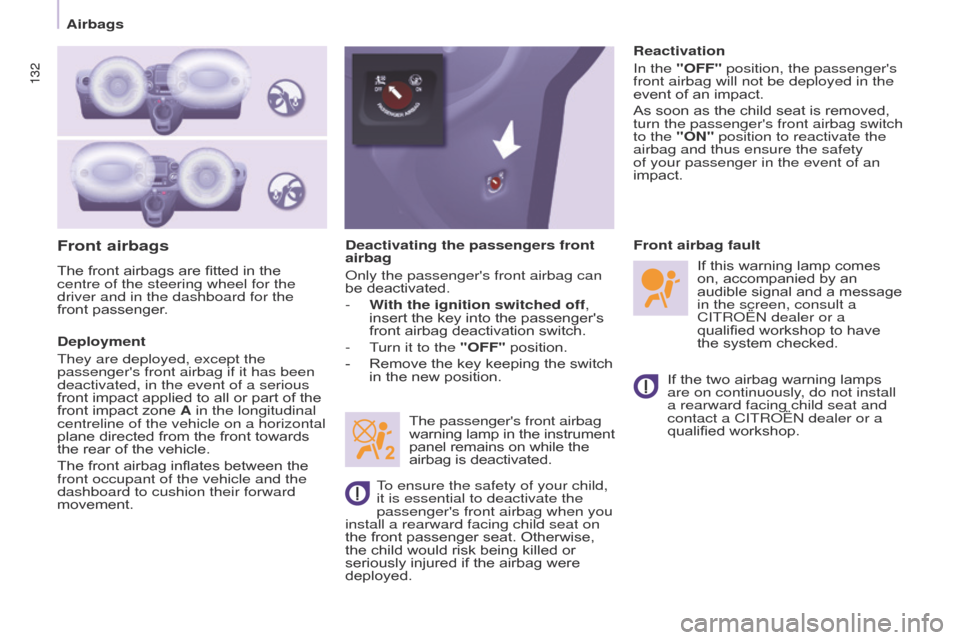 Citroen BERLINGO MULTISPACE 2016 2.G User Guide 132
Berlingo-2-VP_en_Chap05_Securite_ed01-2016
132
Front airbags
Deployment
They are deployed, except the 
passengers front airbag if it has been 
deactivated, in the event of a serious 
front  impa