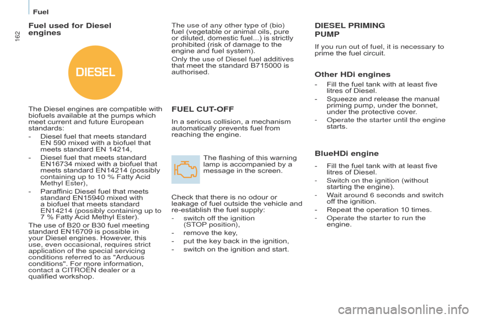 Citroen BERLINGO MULTISPACE 2016 2.G Owners Manual DIESEL
162
Berlingo-2-VP_en_Chap07_Verification_ed01-2016
Fuel
FUEL CUT- OFF
In a serious collision, a mechanism automatically
  prevents   fuel   from  
reaching

  the   engine.
The
  f