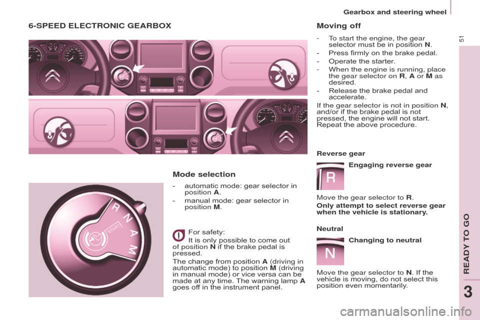 Citroen BERLINGO MULTISPACE 2016 2.G Owners Manual 51
Berlingo-2-VP_en_Chap03_Pret-a-partir_ed01-2016
6-SPEED ELECTRONIC GEARBOx
- automatic  mode:   gear   selector   in  position 
A.
-
 
manual
   mode:   gear   selector   in  
position 