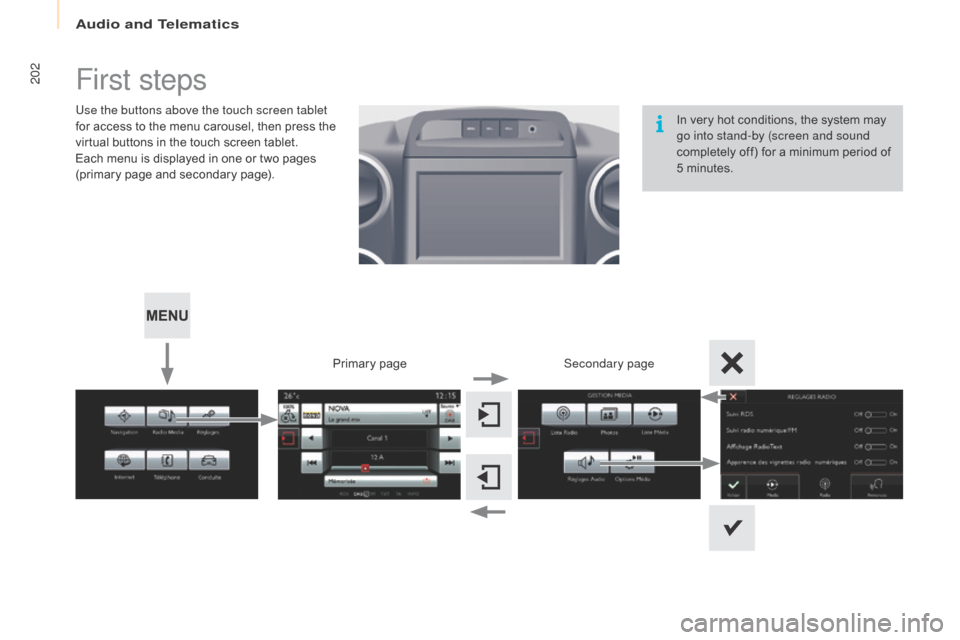 Citroen BERLINGO MULTISPACE RHD 2016 2.G Owners Manual Audio and Telematics
202
Berlingo-2-VP_en_Chap10a_SMEGplus_ed02-2015
First steps
Use the buttons above the touch screen tablet
for access  to  the  menu  carousel,  then  press  the  Citroen BERLINGO MULTISPACE RHD 2016 2.G Owners Manual Audio and Telematics
202
Berlingo-2-VP_en_Chap10a_SMEGplus_ed02-2015
First steps
Use the buttons above the touch screen tablet
for access  to  the  menu  carousel,  then  press  the Â