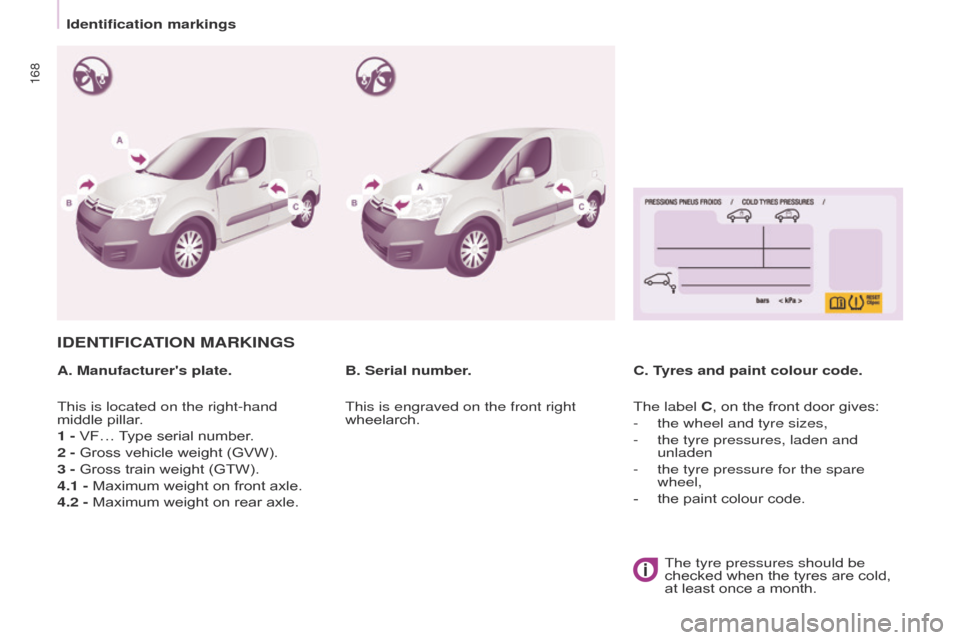 Citroen BERLINGO 2016 2.G Owners Manual 168
Berlingo-2-VU_en_Chap09_Caract-technique_ed01-2016Berlingo-2-VU_en_Chap09_Caract-technique_ed01-2016
IDENTIFICATION MARKINGS
A. Manufacturers plate.C. Tyres and paint colour code.
B. Serial numbe