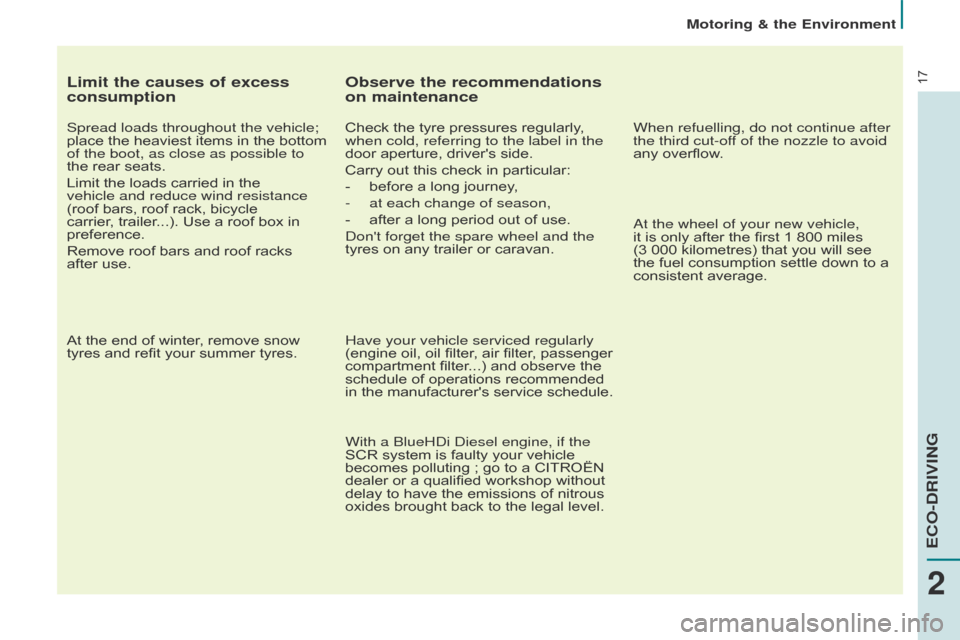 Citroen BERLINGO 2016 2.G Owners Manual 17
Berlingo-2-VU_en_Chap02_eco-conduite_ed01-2016
Limit the causes of excess 
consumption
Spread loads throughout the vehicle; 
place the heaviest items in the bottom 
of the boot, as close as possibl