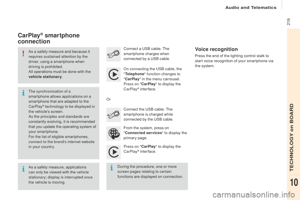 Citroen BERLINGO 2016 2.G Owners Manual  219
Berlingo-2-VU_en_Chap10a_SMEGplus_ed01-2016
As a safety measure and because it 
requires sustained attention by the 
driver, using a smartphone when 
driving is prohibited.
All operations must be