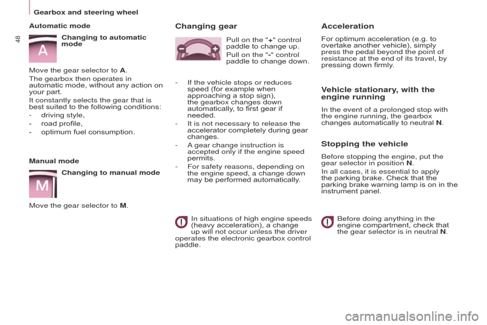 Citroen BERLINGO 2016 2.G Owners Guide 48
Berlingo-2-VU_en_Chap03_Pret-a-partir_ed01-2016Berlingo-2-VU_en_Chap03_Pret-a-partir_ed01-2016
Manual modeChanging to manual mode
Move the gear selector to M.
Automatic mode
Changing to automatic 
