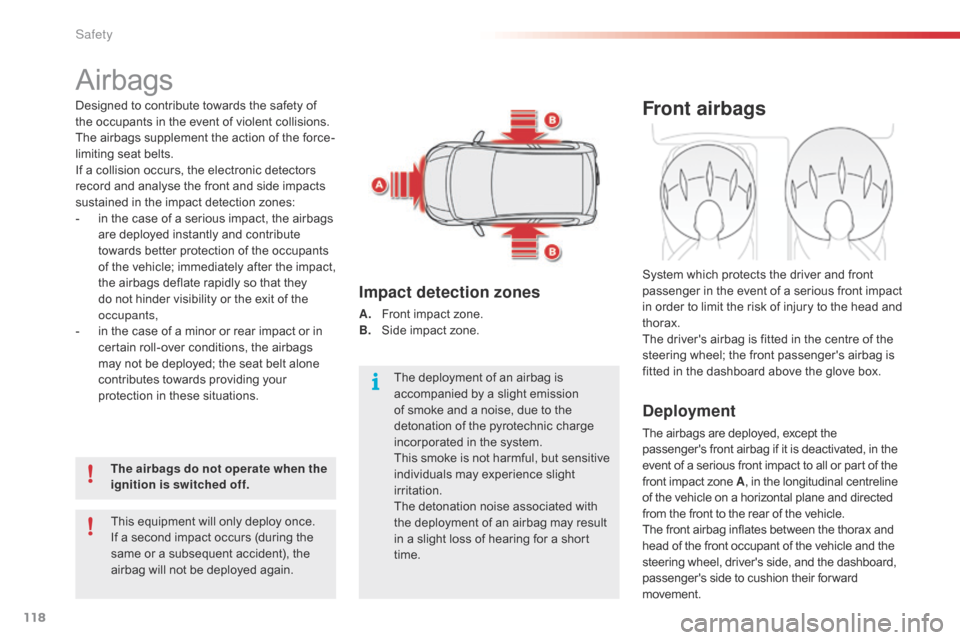 Citroen C1 2016 1.G Owners Manual 118
C1_en_Chap06_securite_ed01-2016
Airbags
Designed to contribute towards the safety of the   occupants   in   the   event   of   violent   collisions.  
T

he   airbags   supplement