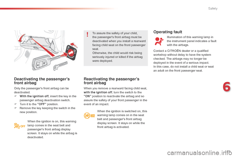 Citroen C1 2016 1.G Owners Manual 119
C1_en_Chap06_securite_ed01-2016
Deactivating the passengers 
front airbag
Only the passengers front airbag can be deactivated.
F
 
W
 ith the ignition off ,
  insert   the   key   in 