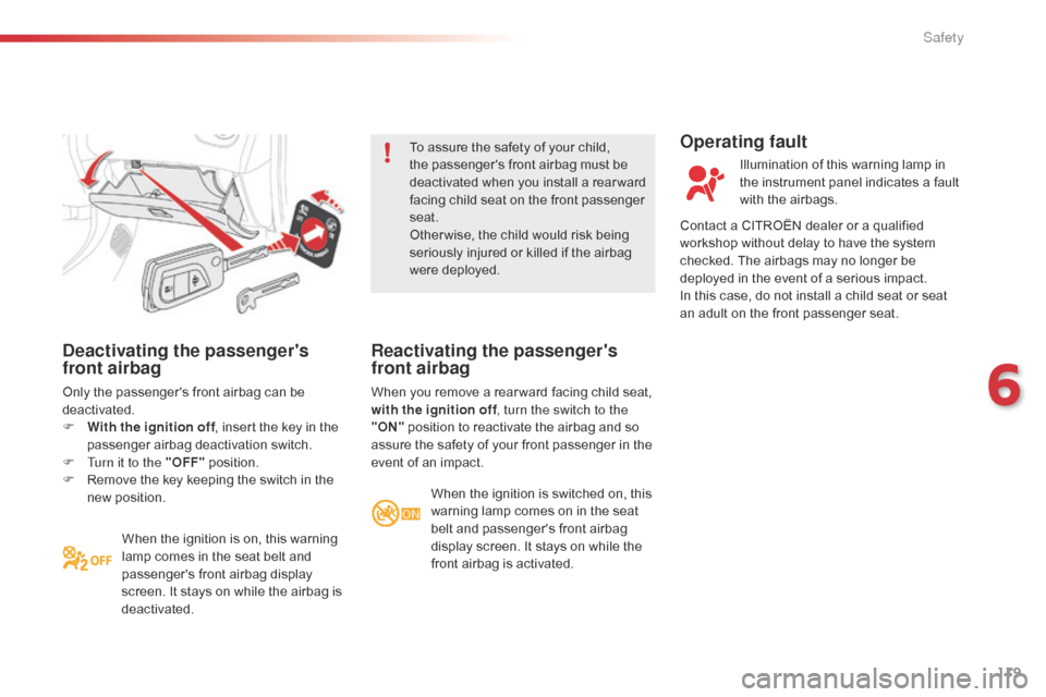 Citroen C1 2016 1.G Owners Manual 119
C1_en_Chap06_securite_ed01-2016
Deactivating the passengers
front airbag
Only the passengers front airbag can be deactivated.
F
W
ith the ignition off ,
insert the key in Citroen C1 2016 1.G Owners Manual 119
C1_en_Chap06_securite_ed01-2016
Deactivating the passengers
front airbag
Only the passengers front airbag can be deactivated.
F
W
ith the ignition off ,
insert the key in