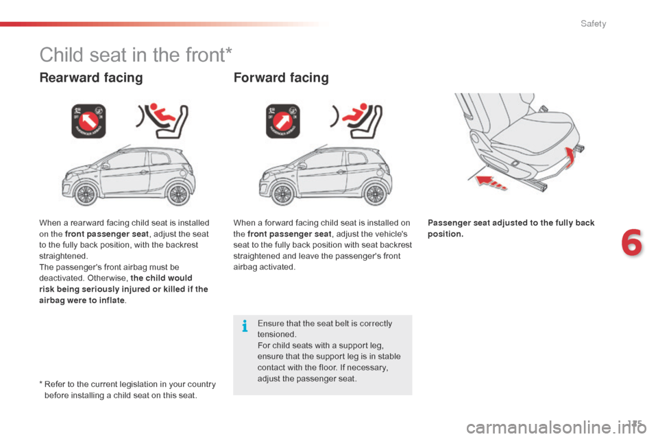Citroen C1 2016 1.G Owners Manual 125
C1_en_Chap06_securite_ed01-2016
Child seat in the front*
Rearward facingForward facing
Passenger seat adjusted to the fully back
position.
Ensure that the seat belt is correctly
tensioned.
F Citroen C1 2016 1.G Owners Manual 125
C1_en_Chap06_securite_ed01-2016
Child seat in the front*
Rearward facingForward facing
Passenger seat adjusted to the fully back
position.
Ensure that the seat belt is correctly
tensioned.
F