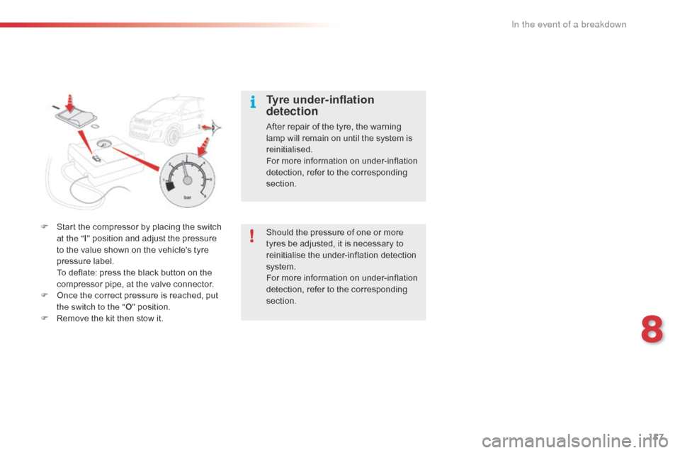 Citroen C1 2016 1.G Owners Manual 157
C1_en_Chap08_en-cas-pannes_ed01-2016
Should the pressure of one or more tyres be adjusted, it is necessary to
r
einitialise the under-inflation detection
s Citroen C1 2016 1.G Owners Manual 157
C1_en_Chap08_en-cas-pannes_ed01-2016
Should the pressure of one or more tyres be adjusted, it is necessary to
r
einitialise the under-inflation detection
s