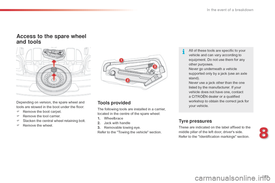 Citroen C1 2016 1.G Owners Manual 159
C1_en_Chap08_en-cas-pannes_ed01-2016
Access to the spare wheel 
and tools
Tools provided
The following tools are installed in a carrier, located   in   the   centre   of   the   spar