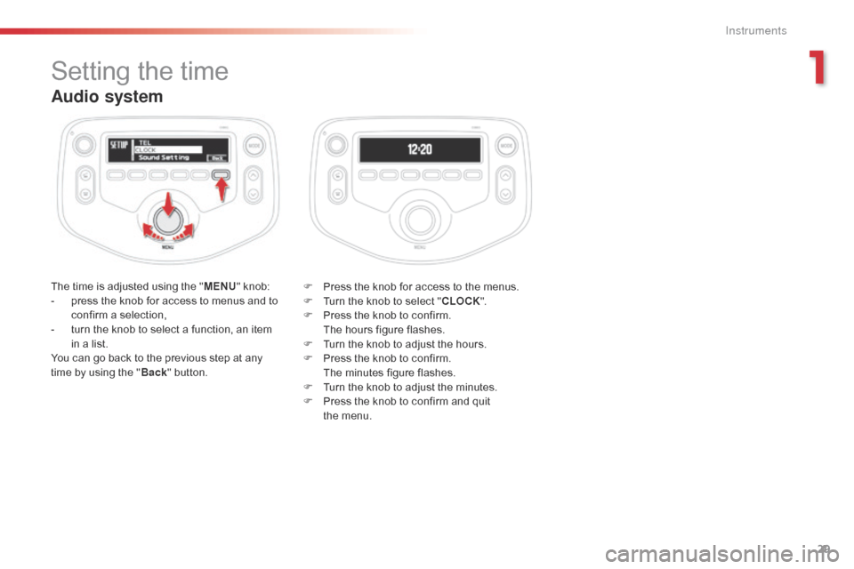 Citroen C1 2016 1.G Owners Manual 29
C1_en_Chap01_instrument- de-bord_ed01-2016
Audio system
The time is adjusted using the "M ENU"   knob:
-  p ress   the   knob   for   access   to   menus   and   to  
c

onfirm   