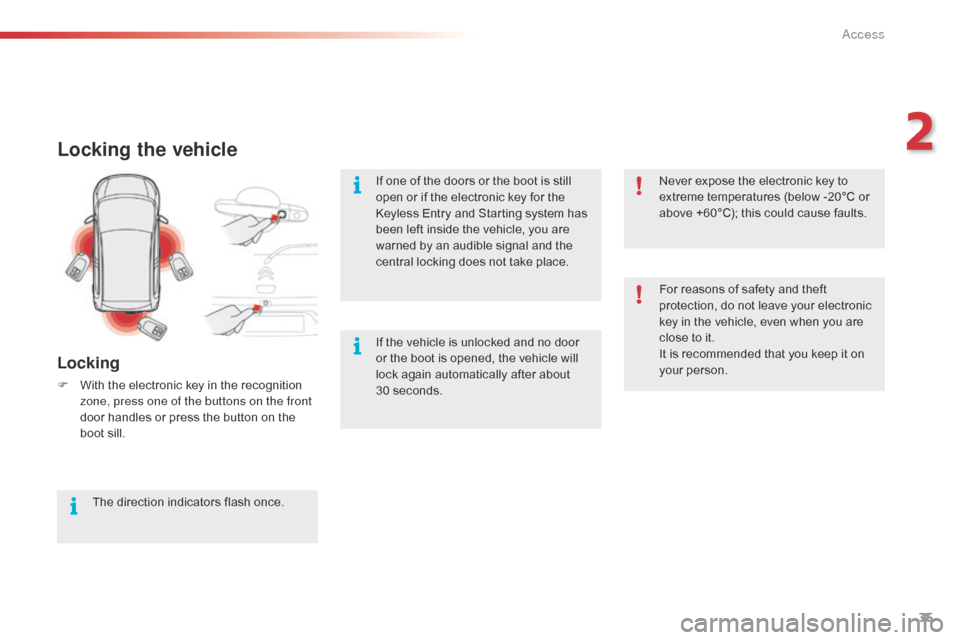 Citroen C1 2016 1.G Owners Manual 35
C1_en_Chap02_ouvertures_ed01-2016
Locking the vehicle
Locking
F With  the   electronic   key   in   the   recognition  z
one, press one of the buttons on the front 
door
  handles   or  