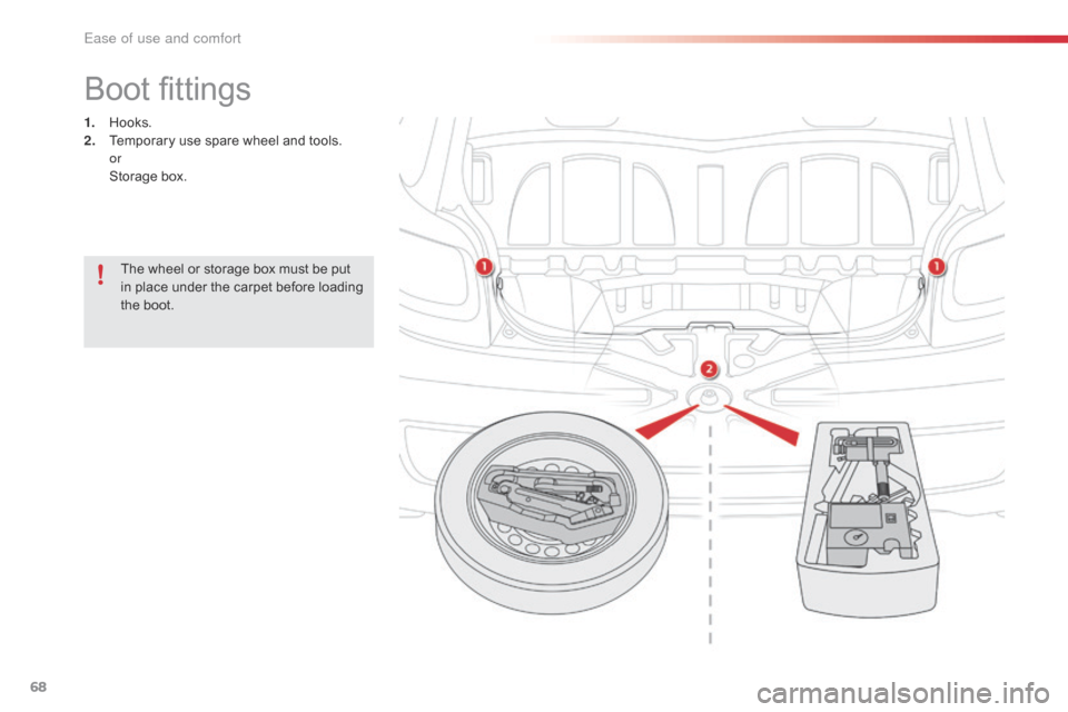 Citroen C1 2016 1.G Owners Manual 68
C1_en_Chap03_ergonomie-confort_ed01-2016
Boot fittings
1. Hooks.
2. Temporary   use   spare   wheel   and   tools.
 

or
 St

orage
 b
 ox.
The
  wheel   or   storage   box   must  