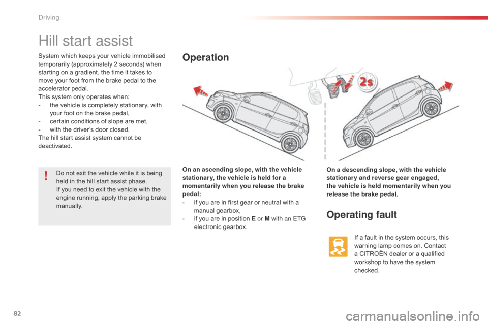 Citroen C1 2016 1.G Owners Manual 82
C1_en_Chap04_conduite_ed01-2016
Hill start assist
System which keeps your vehicle immobilised temporarily   (approximately   2   seconds)   when  
s

tarting   on   a   gradient,   t