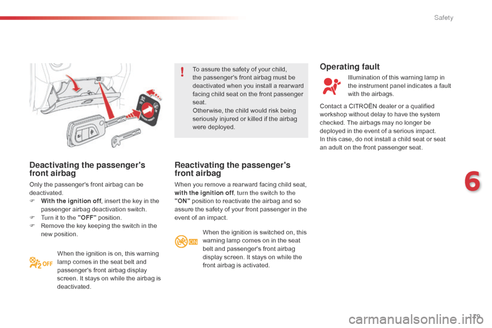 Citroen C1 RHD 2016 1.G Owners Manual 119
Deactivating the passengers
front airbag
Only the passengers front airbag can be deactivated.
F
W
ith the ignition off ,
insert the key in the
p
assenger airbag Citroen C1 RHD 2016 1.G Owners Manual 119
Deactivating the passengers
front airbag
Only the passengers front airbag can be deactivated.
F
W
ith the ignition off ,
insert the key in the
p
assenger airbag