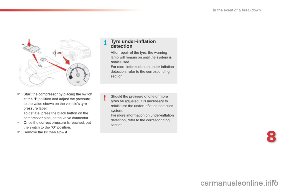 Citroen C1 RHD 2016 1.G Owners Guide 157
Should the pressure of one or more tyres   be   adjusted,   it   is   necessary   to  
r

einitialise   the   under-inflation   detection  
s

ystem.
For
  more   information �