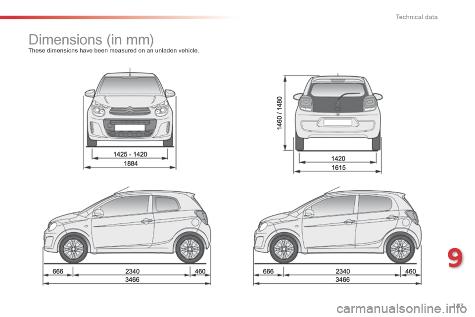 Citroen C1 RHD 2016 1.G Owners Manual 183
Dimensions (in m m)These dimensions have been measured on an unladen vehicle.
9
T Citroen C1 RHD 2016 1.G Owners Manual 183
Dimensions (in m m)These dimensions have been measured on an unladen vehicle.
9
T