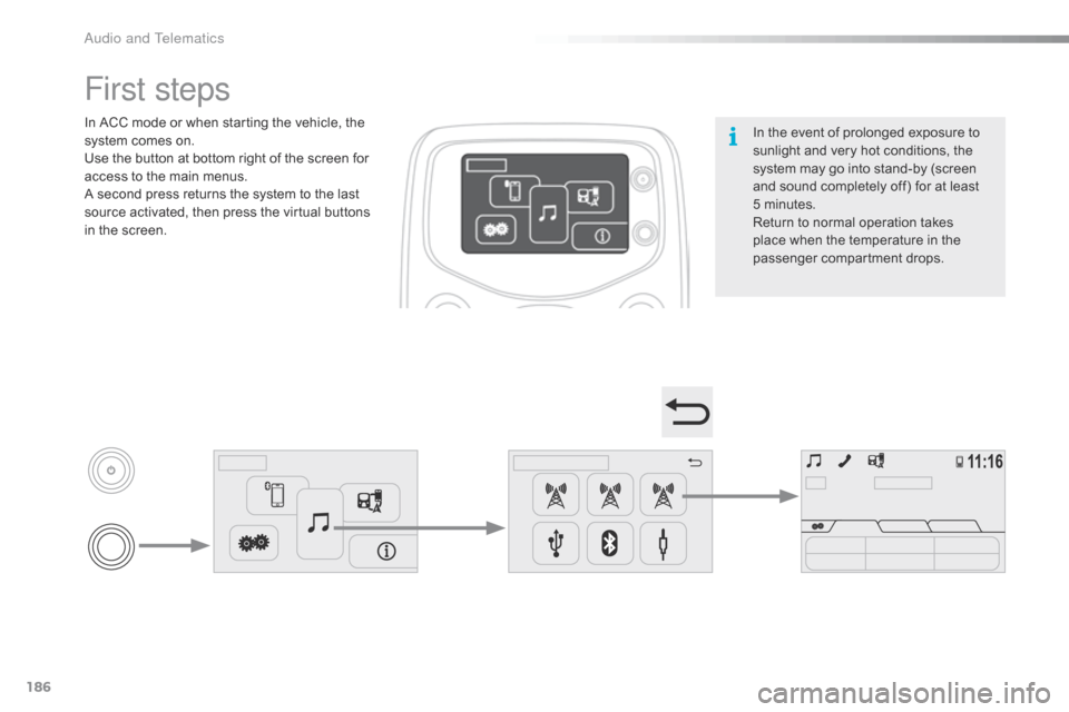 Citroen C1 RHD 2016 1.G Owners Manual 186
In the event of prolonged exposure to sunlight   and   very   hot   conditions,   the  
s

ystem   may   go   into   stand-by   (screen  
a

nd   sound   completely   off)  