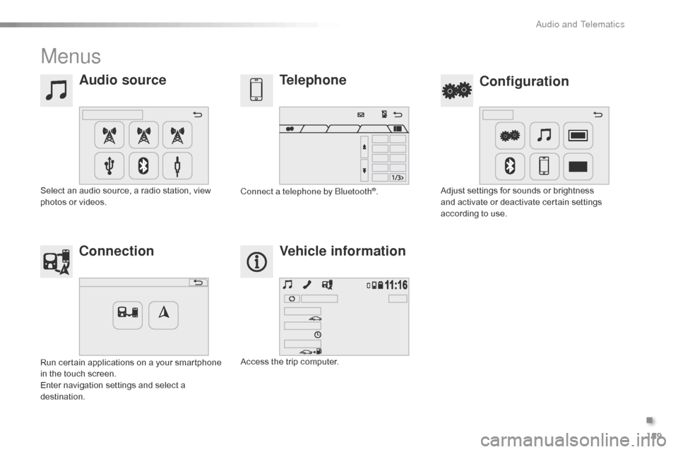 Citroen C1 RHD 2016 1.G Owners Manual 189
Menus
Audio sourceConfiguration
Telephone
Connection Vehicle information
Select an audio source, a radio station, view p
hotos or videos. Adjust
settings for sounds or Citroen C1 RHD 2016 1.G Owners Manual 189
Menus
Audio sourceConfiguration
Telephone
Connection Vehicle information
Select an audio source, a radio station, view p
hotos or videos. Adjust
settings for sounds or