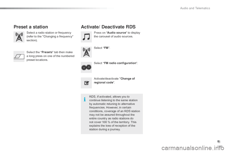 Citroen C1 RHD 2016 1.G Owners Guide 195
Select a radio station or frequency
( refer   to   the   "Changing   a   frequency"  
s

ection). Press on "
Audio source "   to   display  t
he   carousel   of   audio   sources