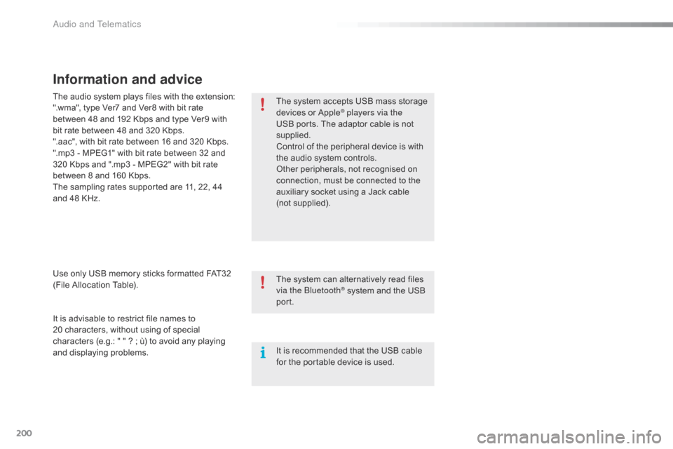 Citroen C1 RHD 2016 1.G Owners Manual 200
Information and advice
The system accepts USB mass storage devices o r A pple® players via the 
USB
 
ports.
 
The
 
adaptor   cable   is   not  
sup

plied.
Control
 
of
 
the
�